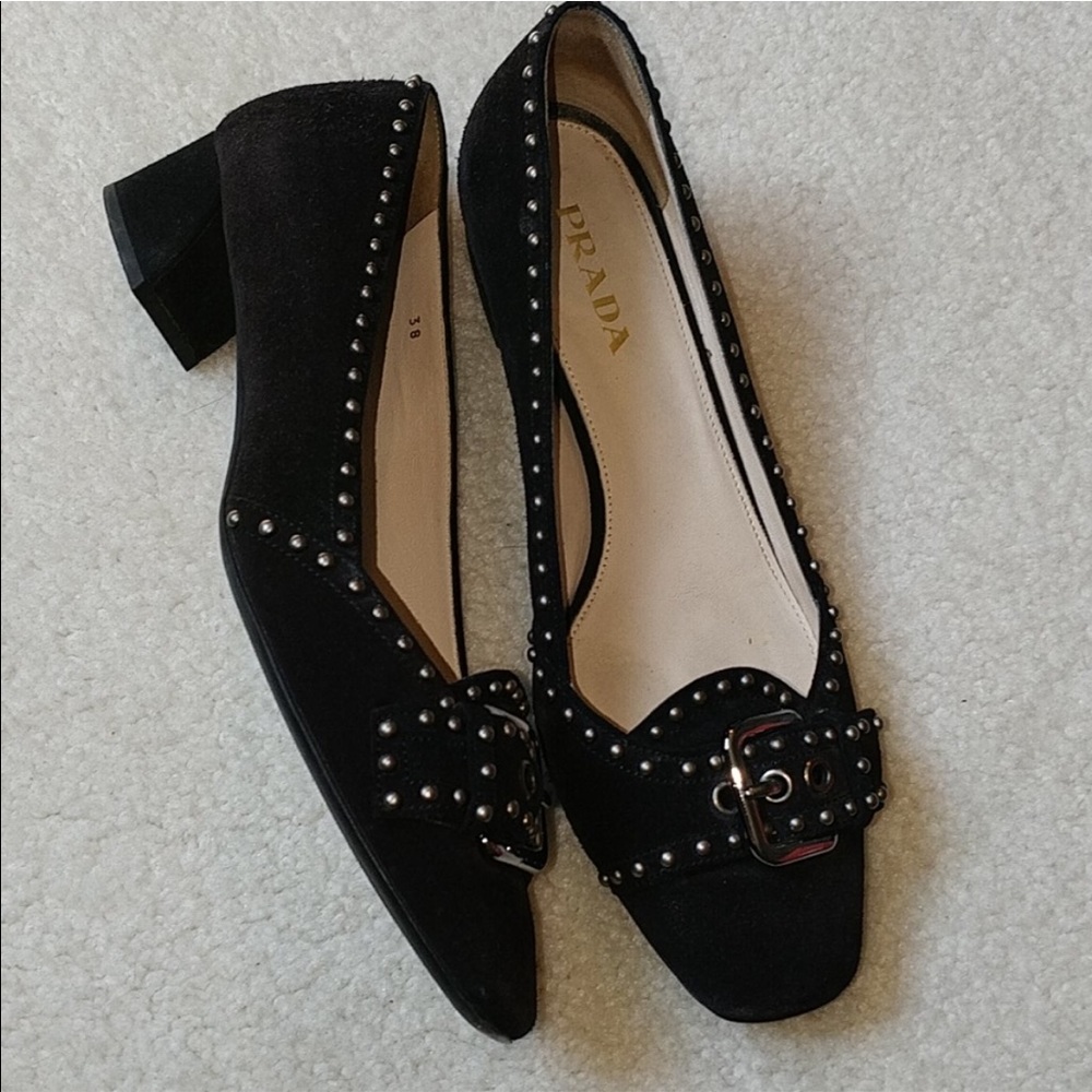 Prada  black Suede Stud Buckle Pump Heel 38 7.5